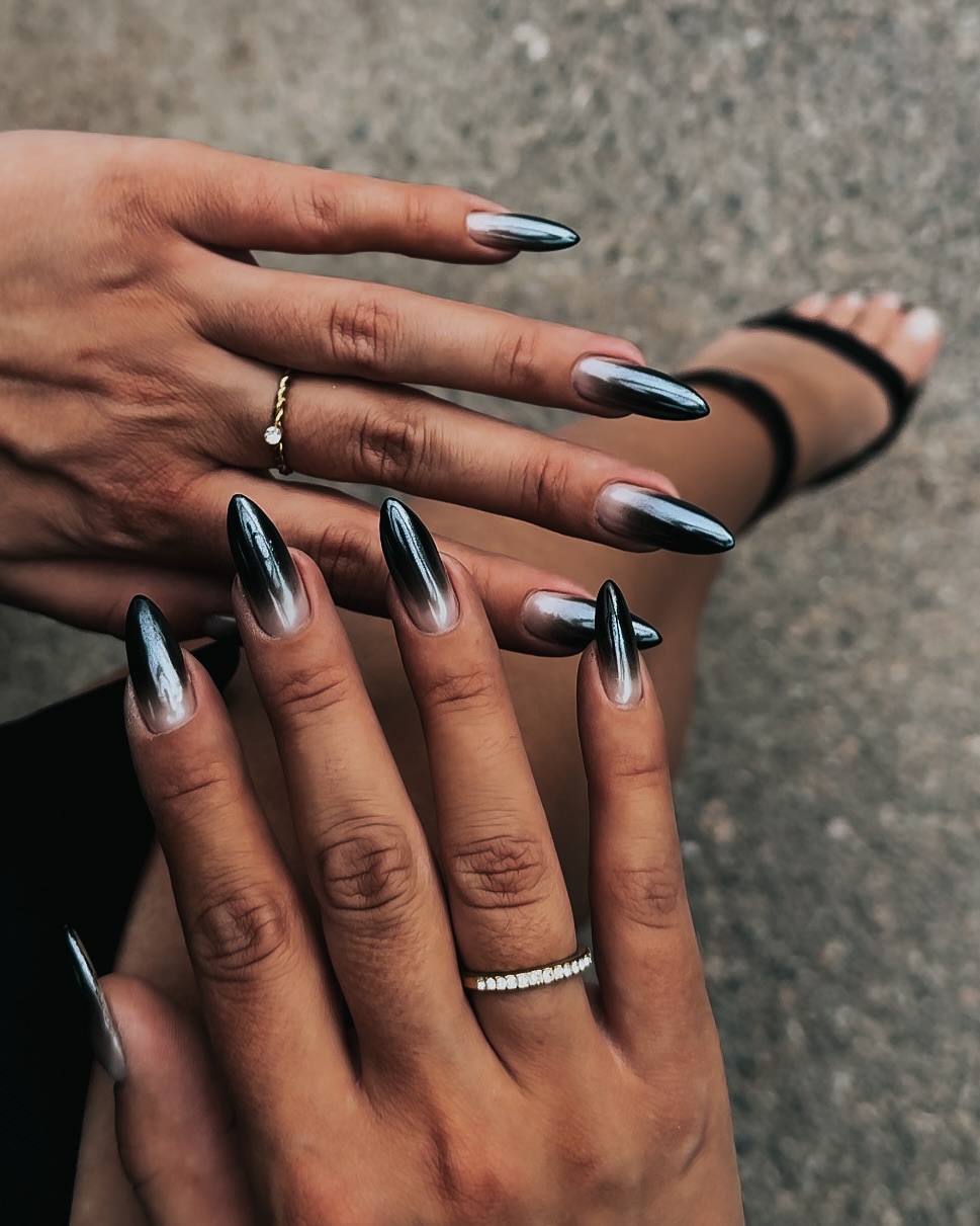 Black Ombre Nails with Silver Glitter