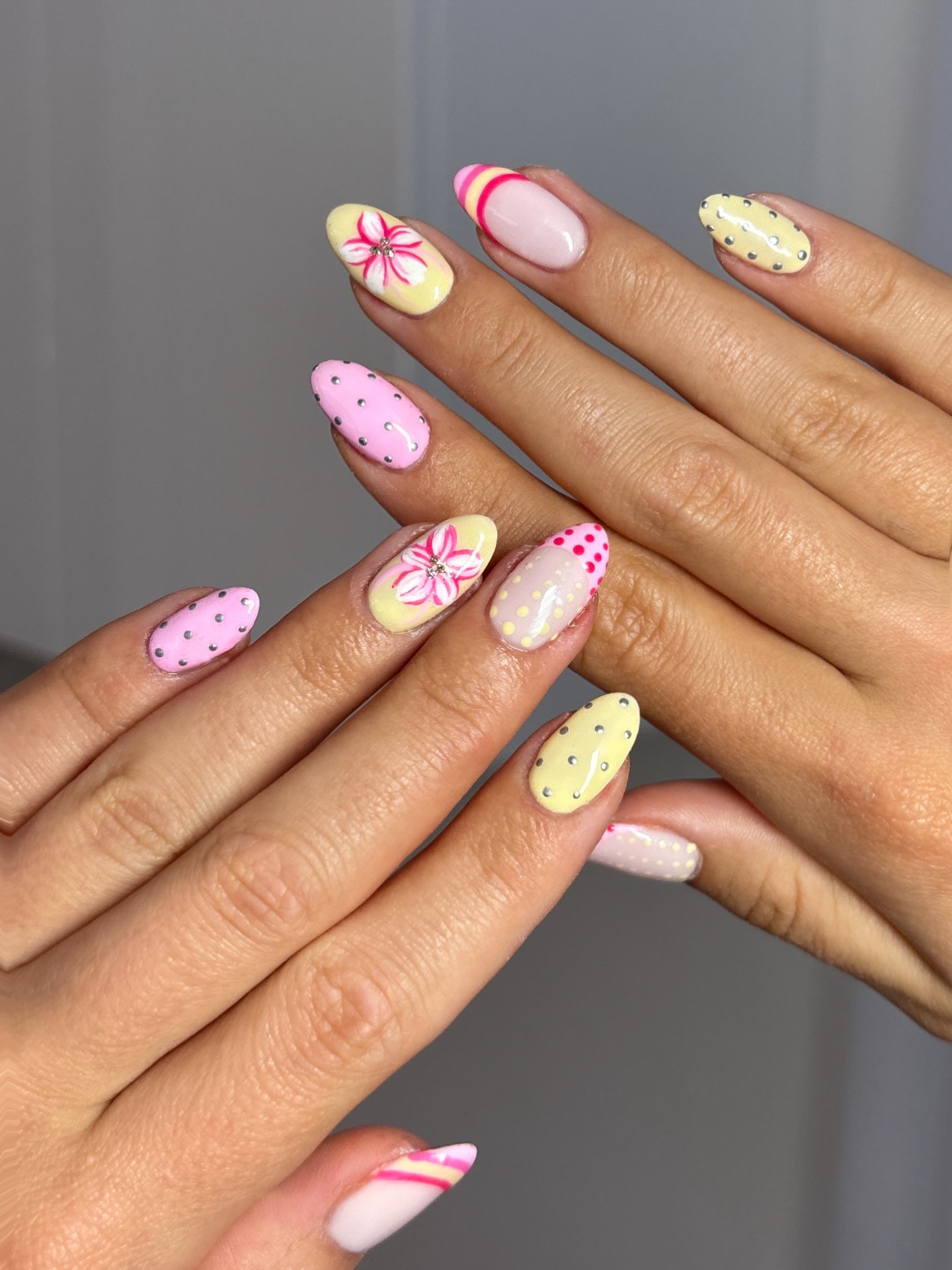 Pink and Yellow Polka Dot Nails