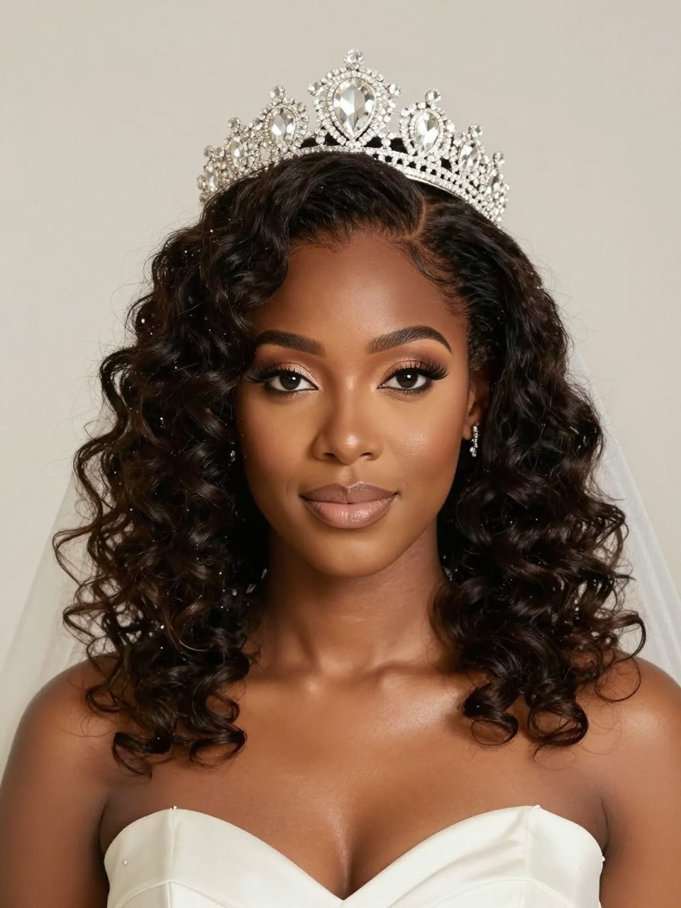 A realistic black woman bridal portrait showing natural curly hair styled with full shape and defined curls, a regal crystal tiara nestled gently at the crown, soft baby hairs neatly styled, warm brown skin, glowing bridal makeup, elegant ivory wedding dress, simple veil behind the curls, bright bridal suite lighting, no text, no watermark, no watermarks on images.