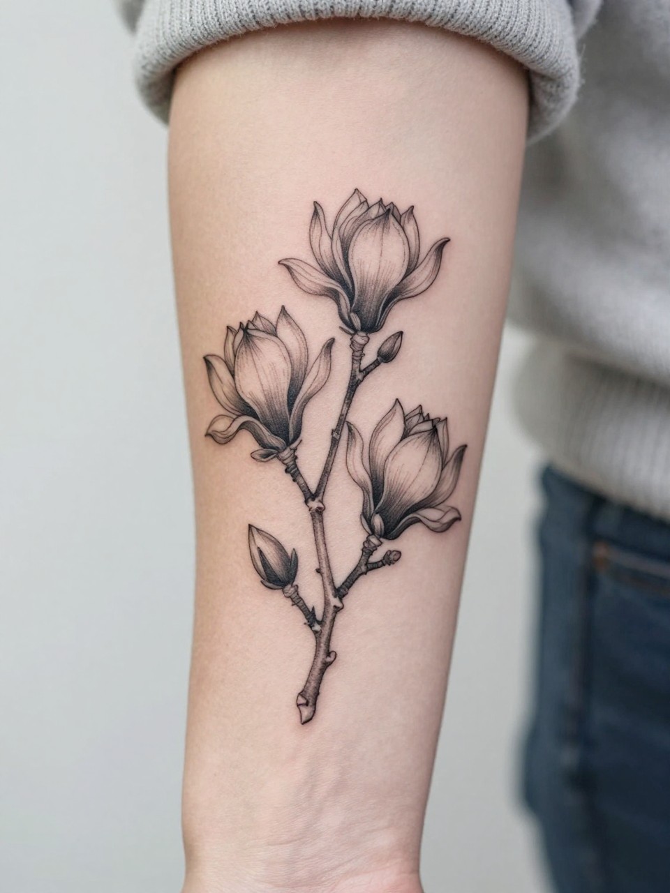 Image Prompt: "Extreme close-up of a small magnolia bouquet tattoo on the forearm, black ink fine line floral design with multiple delicate blooms, soft shading, elegant stem arrangement, realistic skin texture, neutral manicure, soft knit fabric slightly visible, design-focused tattoo inspiration photo, clean minimal background (no watermarks on images)"