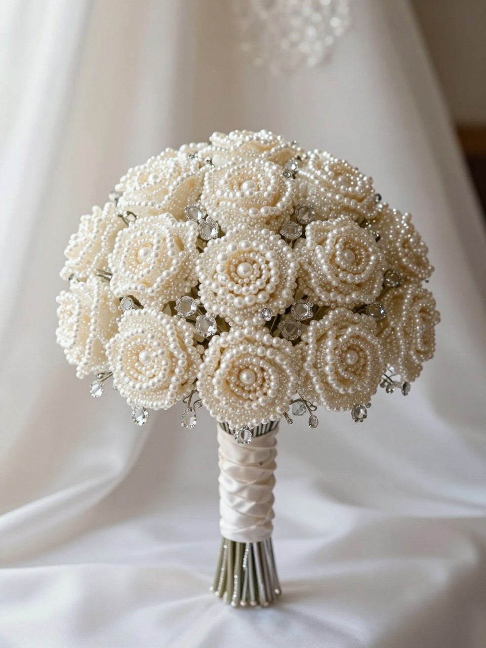 A luxury ivory pearl beaded flower bouquet made from handmade beaded roses, pearl bead petals, clear crystal bead accents, silver wire stems, and a satin ribbon-wrapped handle, arranged in a full bridal bouquet shape, styled on a silk wedding fabric backdrop with soft natural window light, elegant bridal editorial photography, close-up detail shot, no faces, no people, realistic DSLR quality, highly detailed beadwork, no watermarks on images.