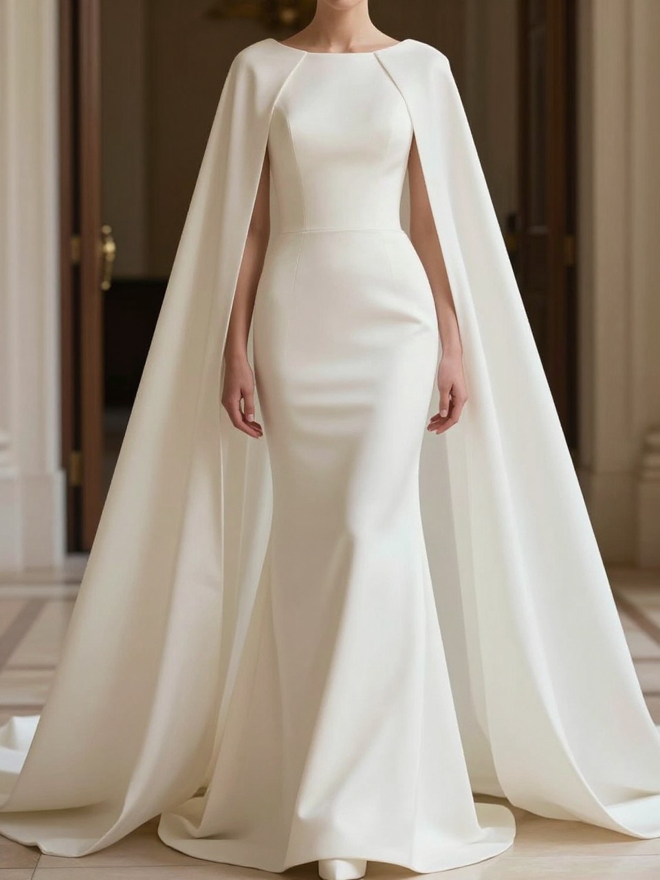 Image Prompt: A high-fashion bridal editorial image of a wedding dress with a detachable cape, photographed in a grand bridal suite or elegant chapel entrance. Show the bride from the neck down or from behind so the face is fully hidden. The gown has a clean fitted bodice, a graceful skirt, and a removable flowing cape attached at the shoulders or neckline. Emphasize the elegant movement of the cape and the polished bridal silhouette. Use soft natural light, realistic fabric texture, luxury magazine styling, no visible face, no text, no watermark. (no watermarks on images)