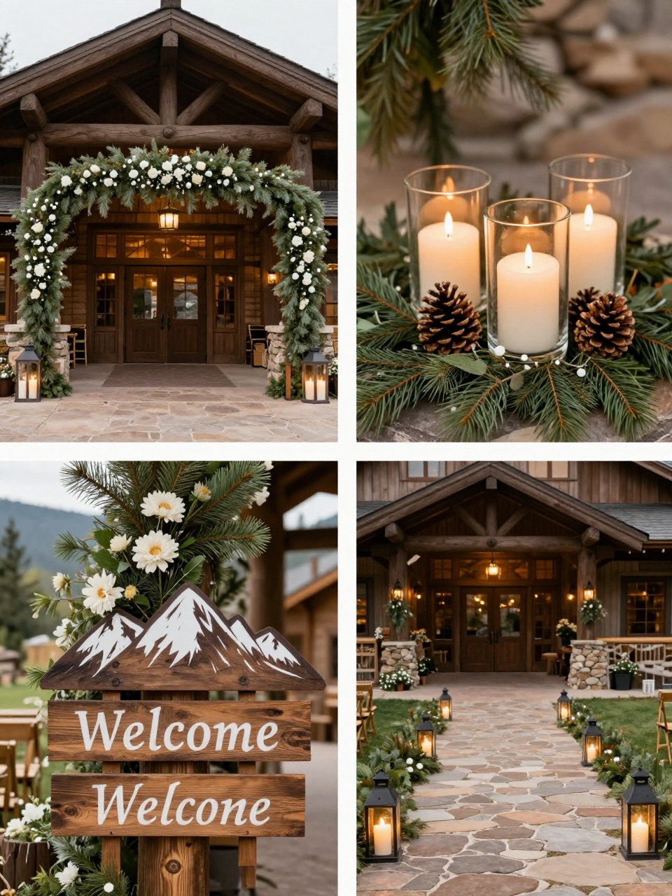 VA professional 4-grid wedding decor collage showing a Rocky Mountain wedding entrance with pine and candle decor, top-left image featuring a lodge entrance lined with pine branches, lanterns, and white flowers, top-right image showing close-up candles in glass hurricanes with pinecones and greenery, bottom-left image showing a wooden welcome sign with mountain-style floral decor, bottom-right image showing a stone walkway with lanterns and pine garland, cozy mountain wedding entrance, warm light, no faces, no watermarks on images.