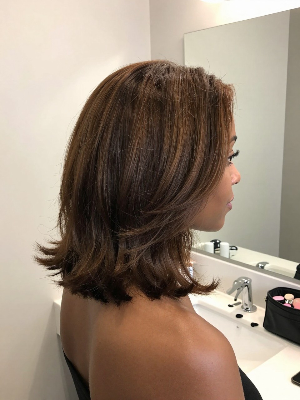 Photo of a brown woman wearing a mushroom brown brunette lob with soft relaxed bends, side profile view, bathroom vanity mirror setting, soft indoor lighting, with small sectioning clips on the counter and a makeup bag nearby, latest iPhone photo quality.