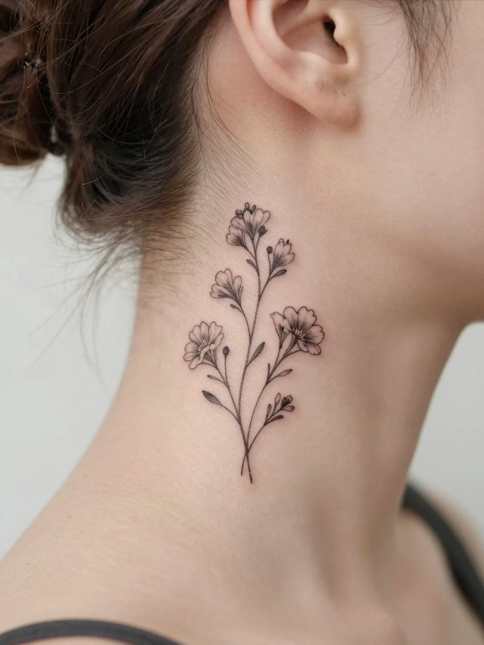 Image Prompt: "Macro shot of a minimal flower cluster tattoo at the nape of the neck, black ink fine line floral design with tiny blooms and soft shading, realistic skin texture, hair pinned up loosely, very tight crop, feminine lifestyle-inspired tattoo image, clean soft background, tattoo-centered composition (no watermarks on images)"