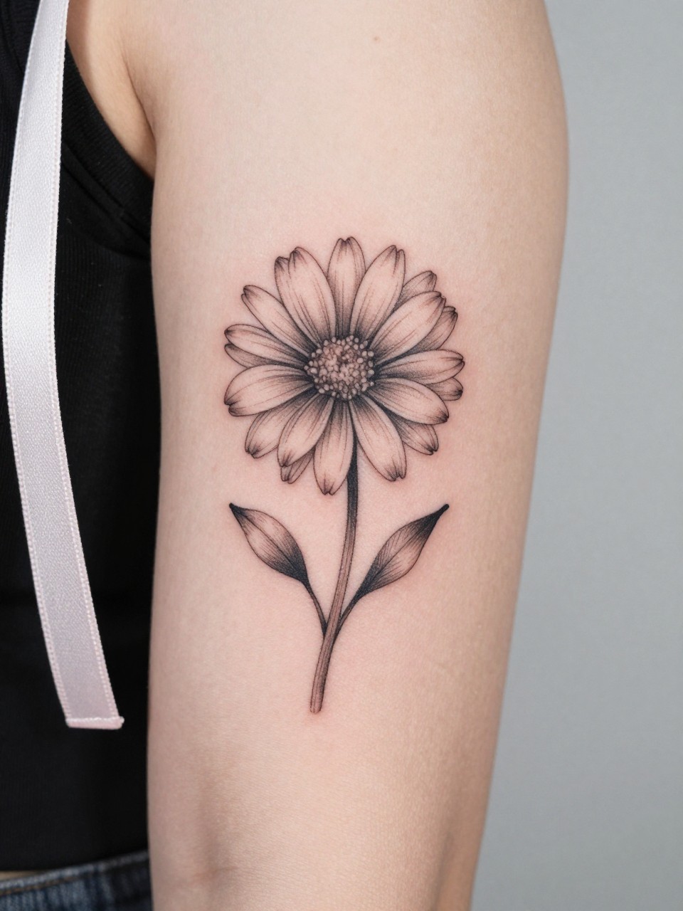 Image Prompt: "Design-focused close-up of a daisy tattoo on the inner bicep, black ink fine line floral style, open petals with subtle shading, realistic skin texture, satin ribbon nearby as a subtle feminine detail, tight crop, minimal soft background, modern lifestyle-inspired tattoo image, tattoo is the clear main subject (no watermarks on images)"