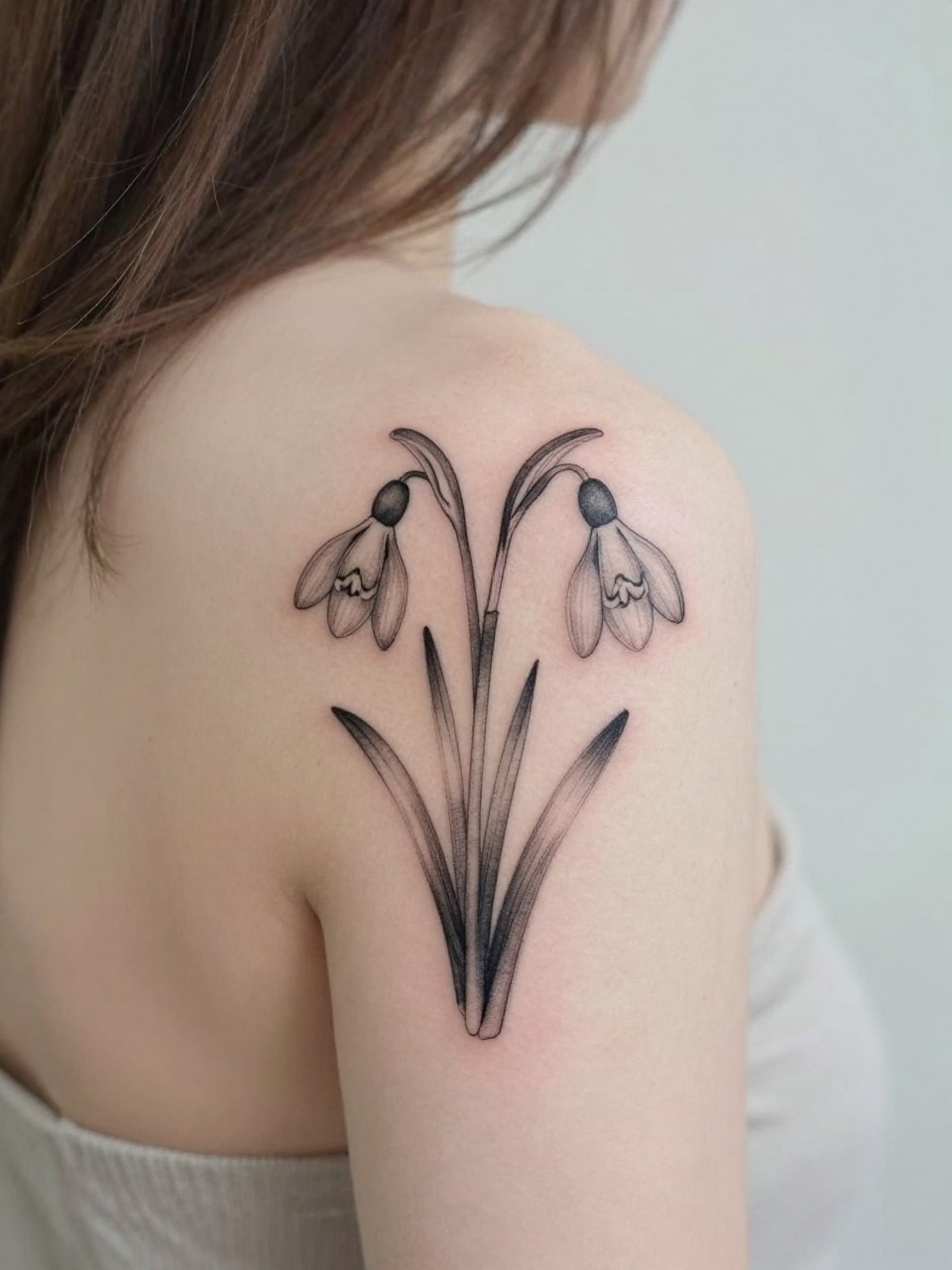 Image Prompt: "Design-focused close-up of a blooming snowdrop tattoo on the shoulder blade, black ink fine line floral style with soft grey shading, elegant stem and hanging blossoms, realistic skin texture, hair loosely pinned up, clean feminine styling, soft minimal background, tattoo fills most of the frame (no watermarks on images)"