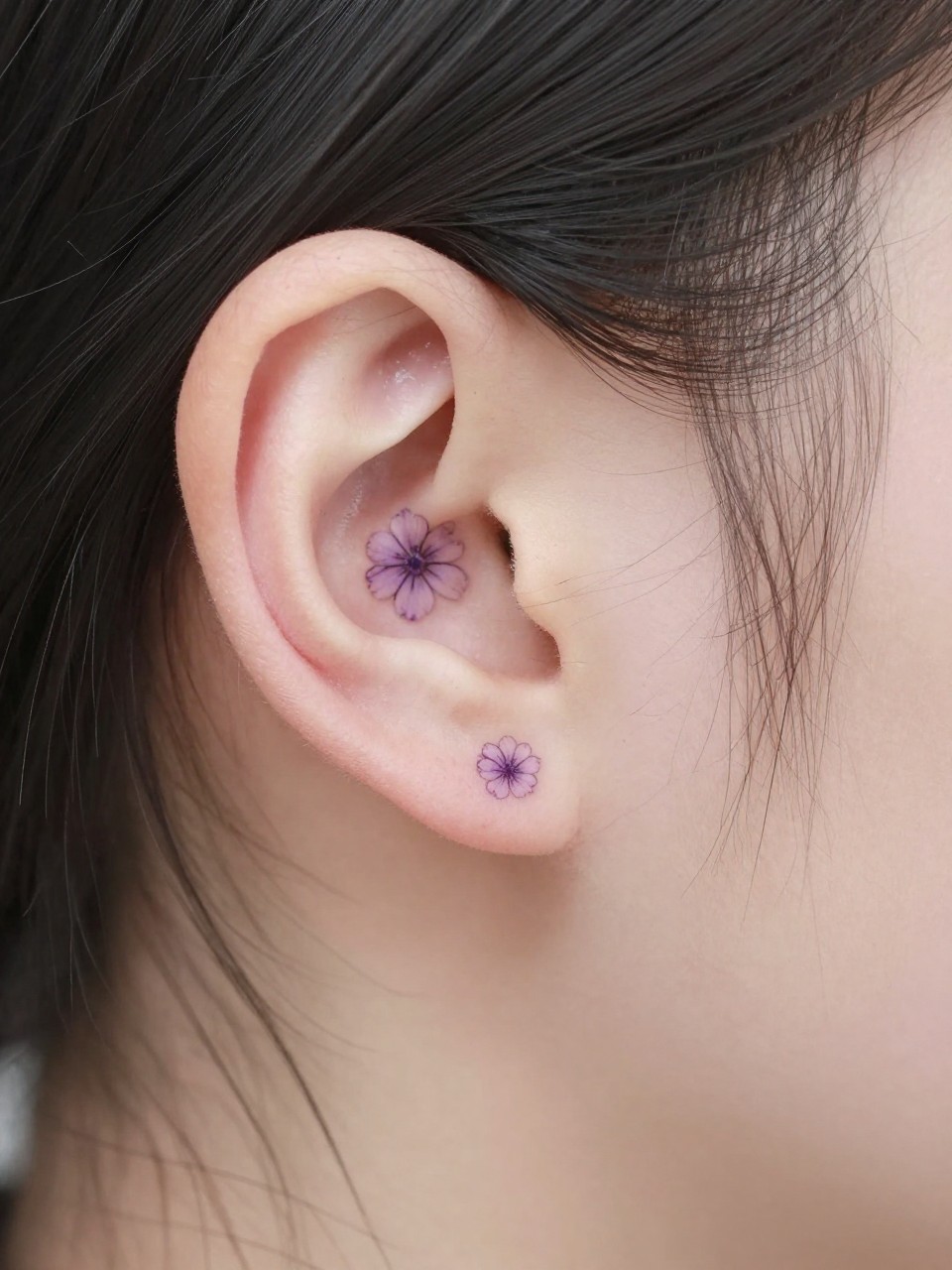 Image Prompt: "Extreme close-up of a small violet flower tattoo behind the ear, fine line black ink floral design with rounded petals and soft shading, realistic skin texture, a few loose hair strands framing the placement, minimal feminine styling, tight crop, clean soft background, tattoo is the hero of the image (no watermarks on images)"