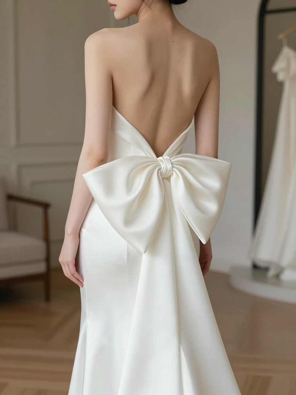 Image Prompt: A fashion-forward bridal editorial photo of a silk backless wedding dress with a statement bow detail, set in a luxury bridal studio or elegant indoor wedding venue. Show the bride from behind only or from the neck down so the face is completely hidden. The gown has a smooth silk finish, clean silhouette, open back, and a large or softly tied bow placed at the lower back or shoulder line. Use soft natural light, realistic silk texture, polished wedding magazine styling, no visible face, no text, no watermark. (no watermarks on images)