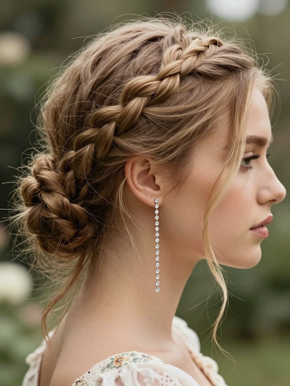 A photorealistic hairstyle close-upof a white blonde woman showing a braided crown hairstyle wrapped around the head, soft textured brown hair, a fine crystal earring chain linked from the ear to a small hidden point along the braid, soft skin glow, romantic boho outfit, blurred outdoor garden background, editorial beauty photography, no text, no watermark, no watermarks on images.
