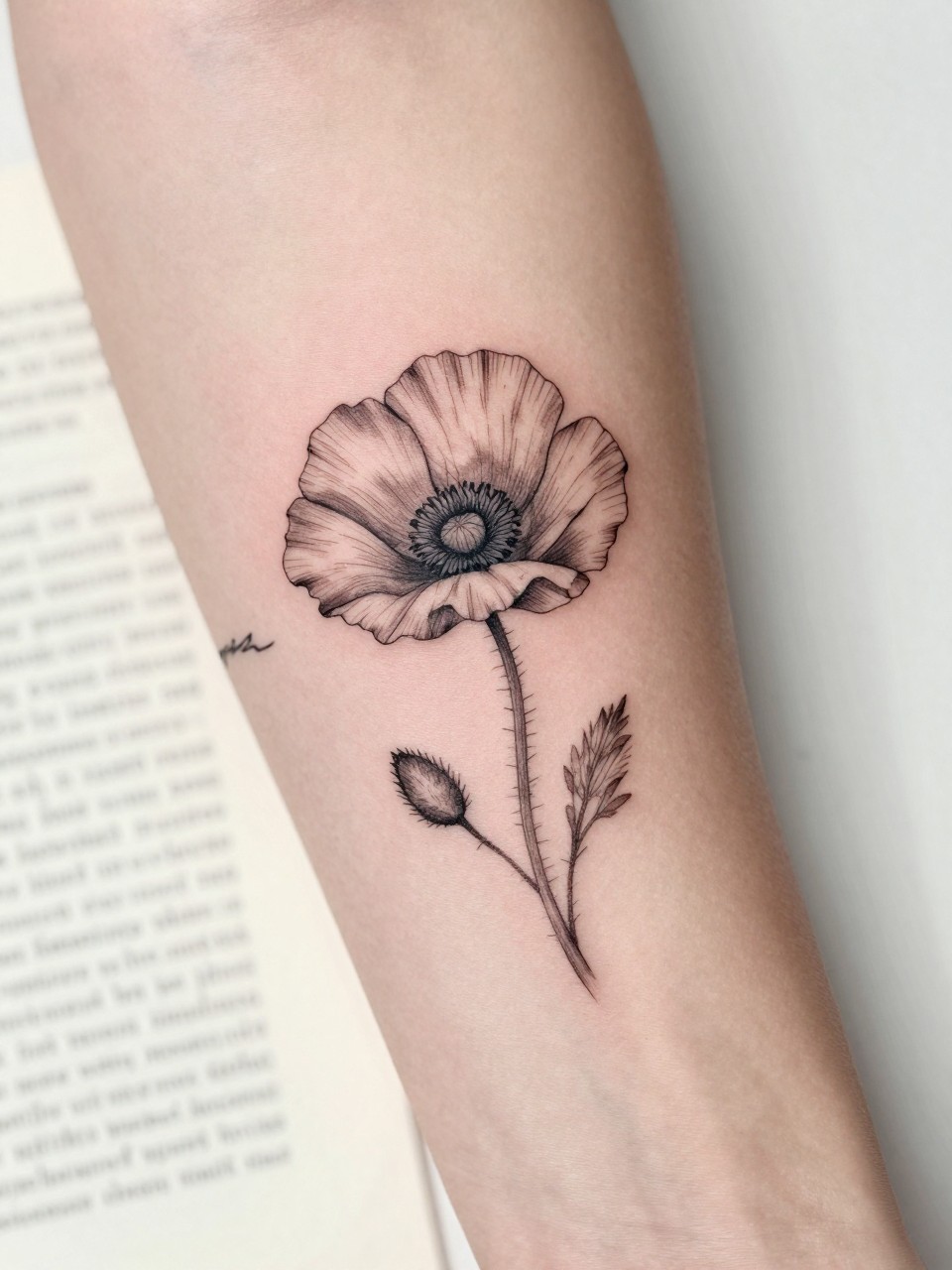 Image Prompt: "Extreme close-up of a poppy flower tattoo with tiny handwritten name script on the inner forearm, black ink fine line floral design, delicate petals, soft shading, elegant cursive detail, realistic skin texture, book page underneath the arm, feminine soft lifestyle context, clean background, tattoo-centered inspiration photo (no watermarks on images)"