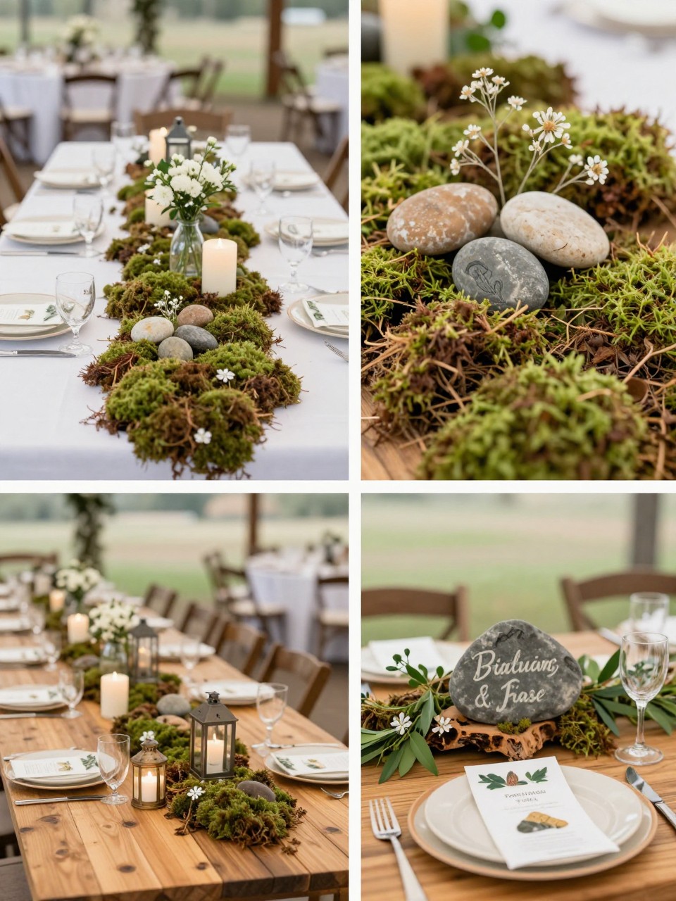 A professional 4-grid wedding decor collage showing Rocky Mountain wedding centerpieces with stone and moss, top-left image featuring reception tables with moss runners, smooth stones, candles, and small white flowers, top-right image showing close-up moss, river stones, and tiny floral stems, bottom-left image showing a long wooden table with natural centerpieces and lanterns, bottom-right image showing place settings with stone name cards and greenery, organic mountain wedding table styling, no faces, no watermarks on images.