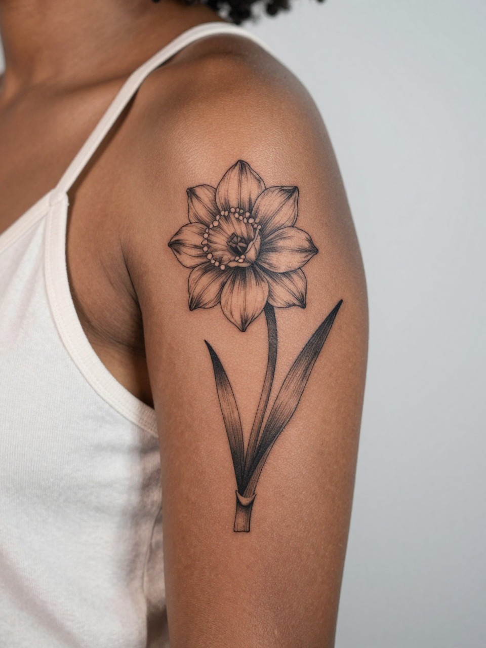 Image Prompt: "Close-up of a narcissus tattoo on the upper arm of a black feminine woman, black ink floral design with fine line layered petals and soft grey shading, medium-size composition, realistic skin texture, sleeveless blouse edge softly visible, modern feminine tattoo inspiration image, minimal clean background, tattoo dominates the image (no watermarks on images)"