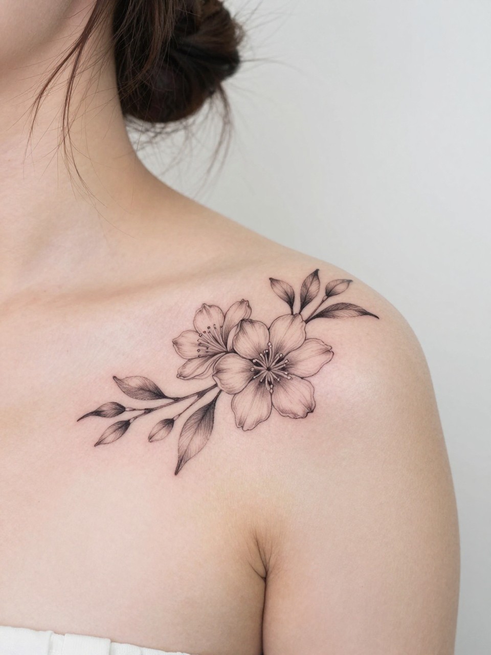 Image Prompt: "Design-focused close-up of a blooming sampaguita tattoo on the shoulder blade, black ink fine line floral style with soft grey shading, tiny clustered blossoms, realistic skin texture, hair loosely pinned up, clean feminine styling, soft minimal background, tattoo fills most of the frame (no watermarks on images)"