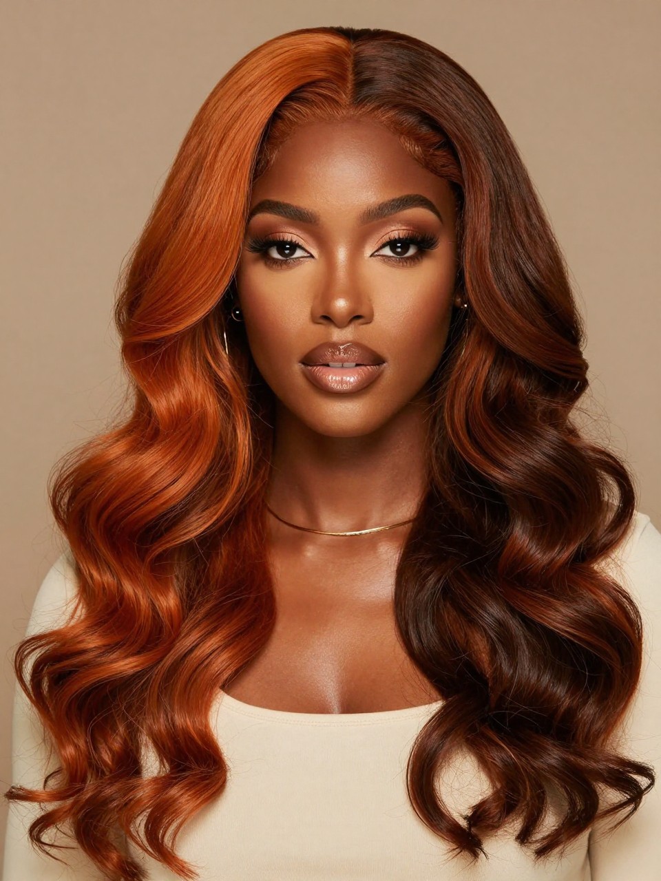 Image Prompt: A gorgeous black woman with long two tone split hair, one side warm ginger orange and the other side dark chestnut brown, center part, loose polished curls, glossy shine, golden medium skin tone, bronzed makeup, glossy lips, gold jewelry, cream top, neutral studio background, soft warm lighting, realistic DSLR beauty editorial portrait, detailed ginger contrast and wave movement, no text, (no watermarks on images)