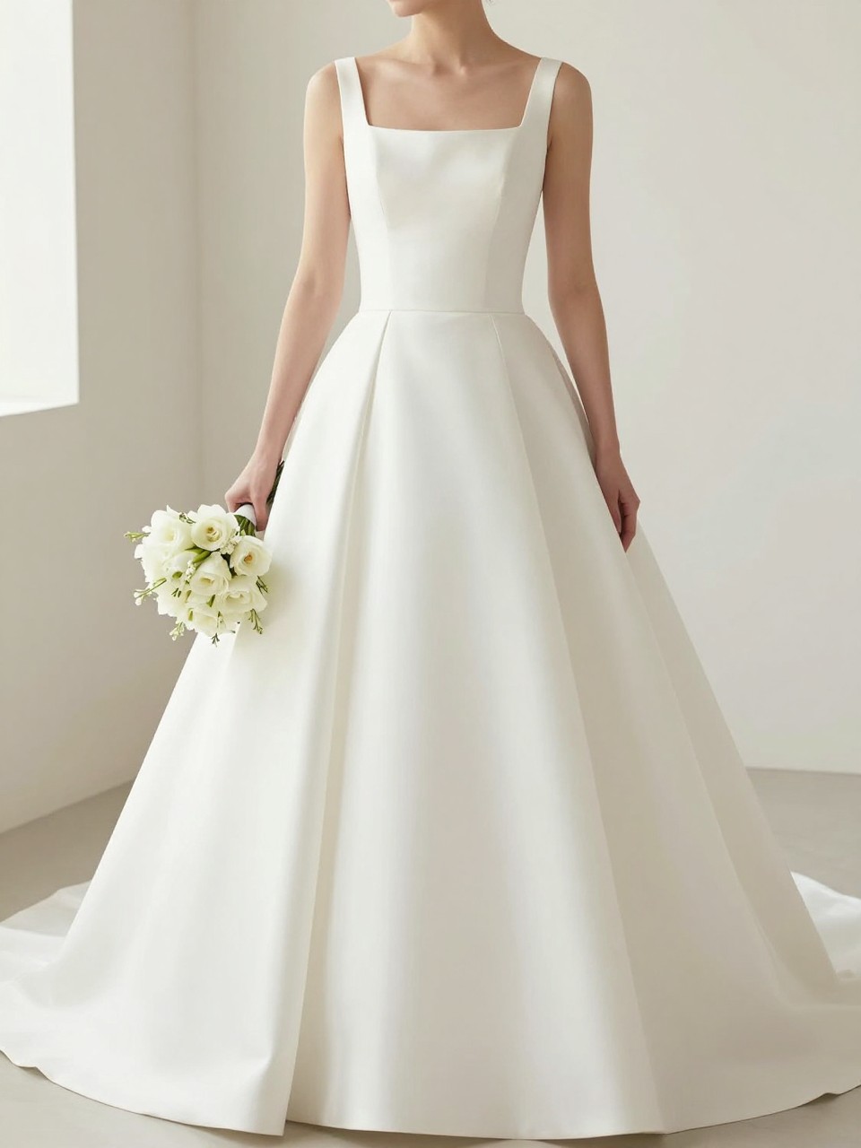 Image Prompt: A high-end bridal editorial photo of a square neck A-line wedding gown in a bright church or elegant bridal studio. Show the bride cropped from the neck down or from behind with the face not visible. The gown has a clean square neckline, fitted bodice, natural waist, and soft A-line skirt. Add a simple bouquet held low, soft natural light, realistic fabric detail, polished bridal magazine styling, no visible face, no text, no watermark. (no watermarks on images)