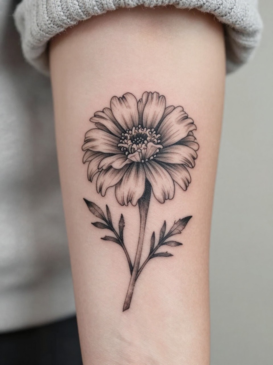 Extreme close-up of a fine line October birth flower marigold tattoo on the forearm, delicate black ink floral design with layered petals, subtle grey shading, realistic skin texture, neutral manicure, soft knit sleeve slightly visible, design-focused close-up, feminine modern tattoo inspiration photo, minimal soft background, tattoo is the clear main subject (no watermarks on images)