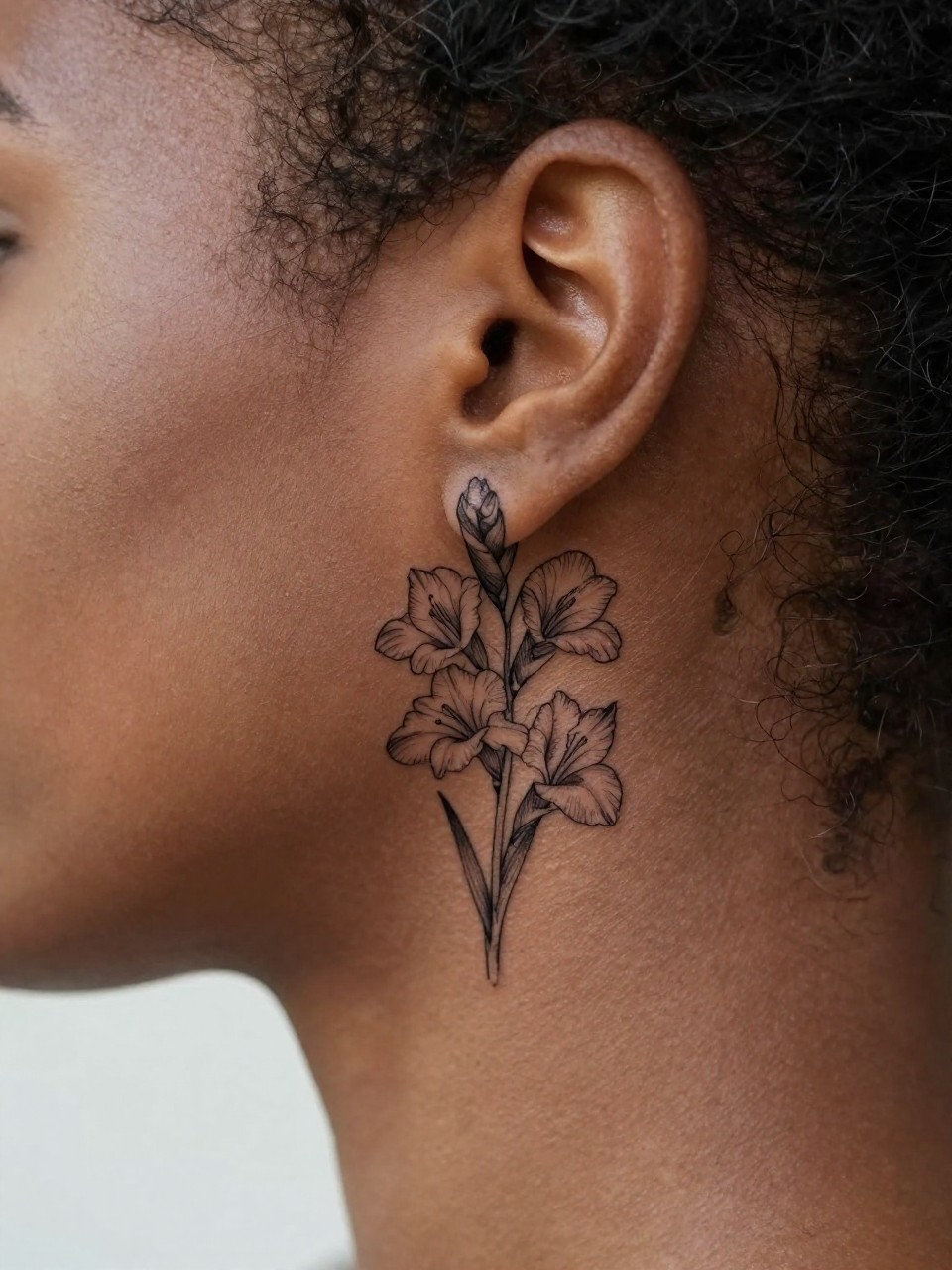 Image Prompt: "Macro shot of a tiny gladiolus flower tattoo behind the ear of a black woman, fine line black ink floral design with small blossoms on a slim stem and soft shading, realistic skin texture, a few loose strands of hair framing the placement, minimal feminine styling, tight crop, soft clean background, tattoo-centered inspiration image (no watermarks on images)"