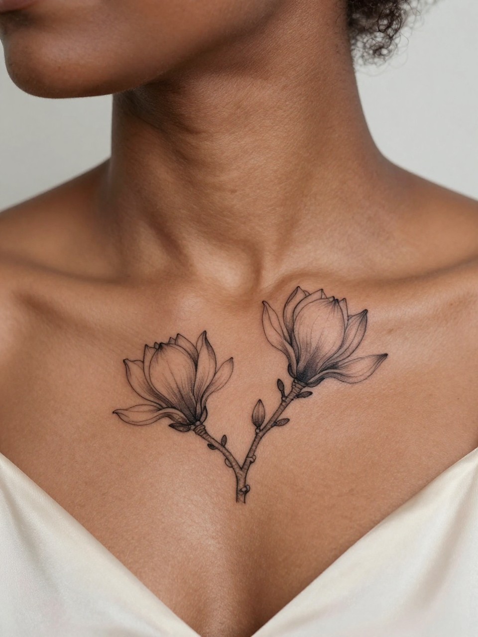 Image Prompt: "Close-up of two tiny magnolia tattoos along the collarbone of a black woman, black ink fine line floral design with soft broad petals and light shading, realistic skin texture, satin blouse neckline barely visible, feminine clean composition, close-up tattoo visibility, soft minimal background, tattoo is the clear main subject (no watermarks on images)"