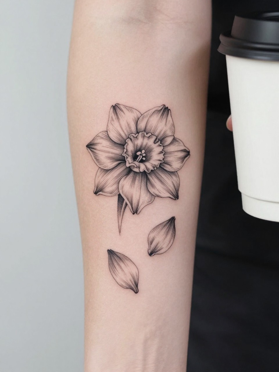 Image Prompt: "Extreme close-up of a narcissus tattoo with a few falling petals on the forearm, black ink fine line floral design, delicate petal movement, soft shading, realistic skin texture, coffee cup softly blurred nearby, modern feminine tattoo inspiration image, minimal background, tattoo-centered composition (no watermarks on images)"