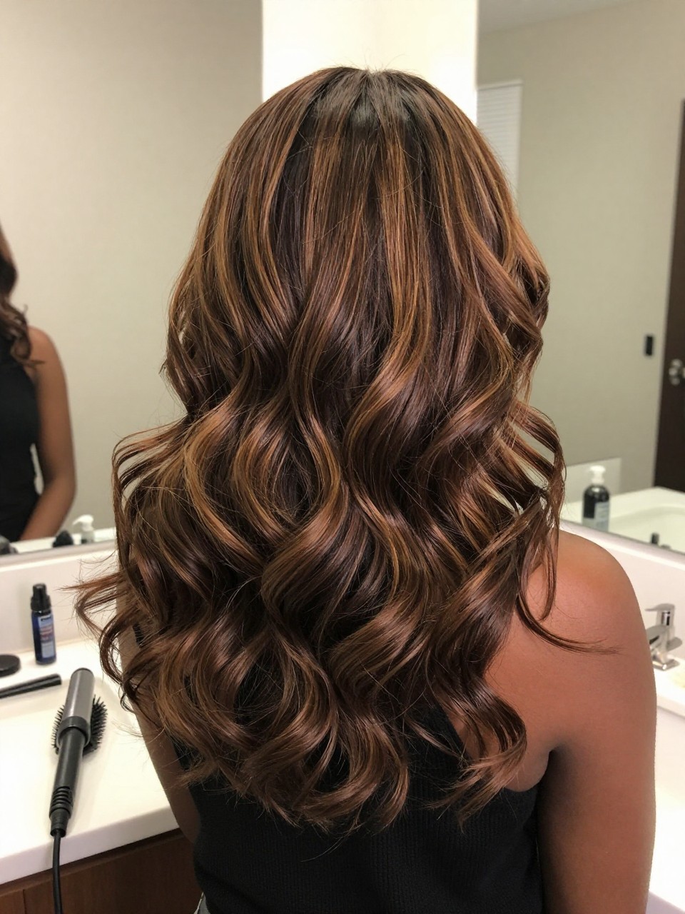 Photo of a black woman wearing iced mocha brunette balayage styled in loose brushed waves, back-of-head view to highlight the cool blended color, bathroom vanity mirror setting, soft indoor lighting, with a curling wand on the counter and a hairbrush nearby, latest iPhone photo quality.