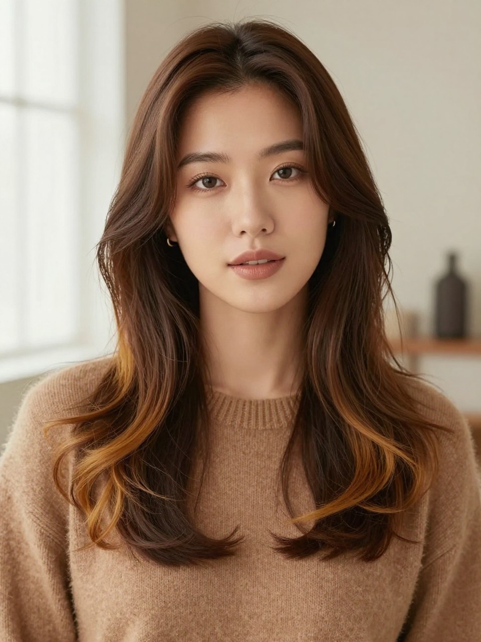 Image Prompt: A beautiful Asian woman with tan skin and long espresso brown hair with caramel-dipped ends, dark glossy roots and mid-lengths blending into warm caramel tips, soft loose waves, natural glam makeup, nude gloss, small gold earrings, camel sweater, cozy indoor background, soft natural window light, realistic DSLR beauty editorial photo, smooth dark-to-caramel transition, no text, (no watermarks on images)