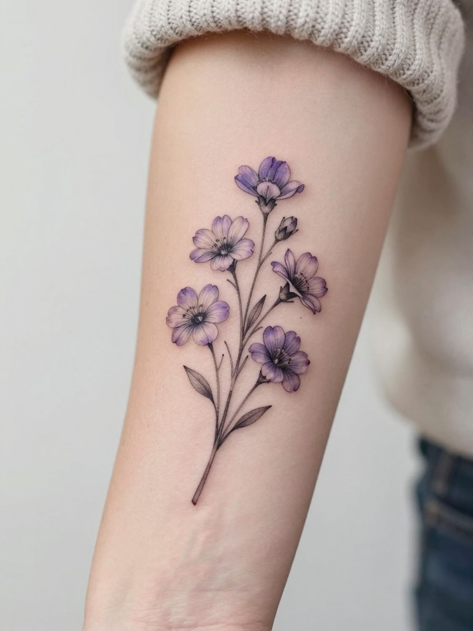 Image Prompt: "Extreme close-up of a small violet bouquet tattoo on the forearm, black ink fine line floral design with multiple delicate blooms, soft shading, elegant stem arrangement, realistic skin texture, neutral manicure, soft knit fabric slightly visible, design-focused tattoo inspiration photo, clean minimal background (no watermarks on images)"