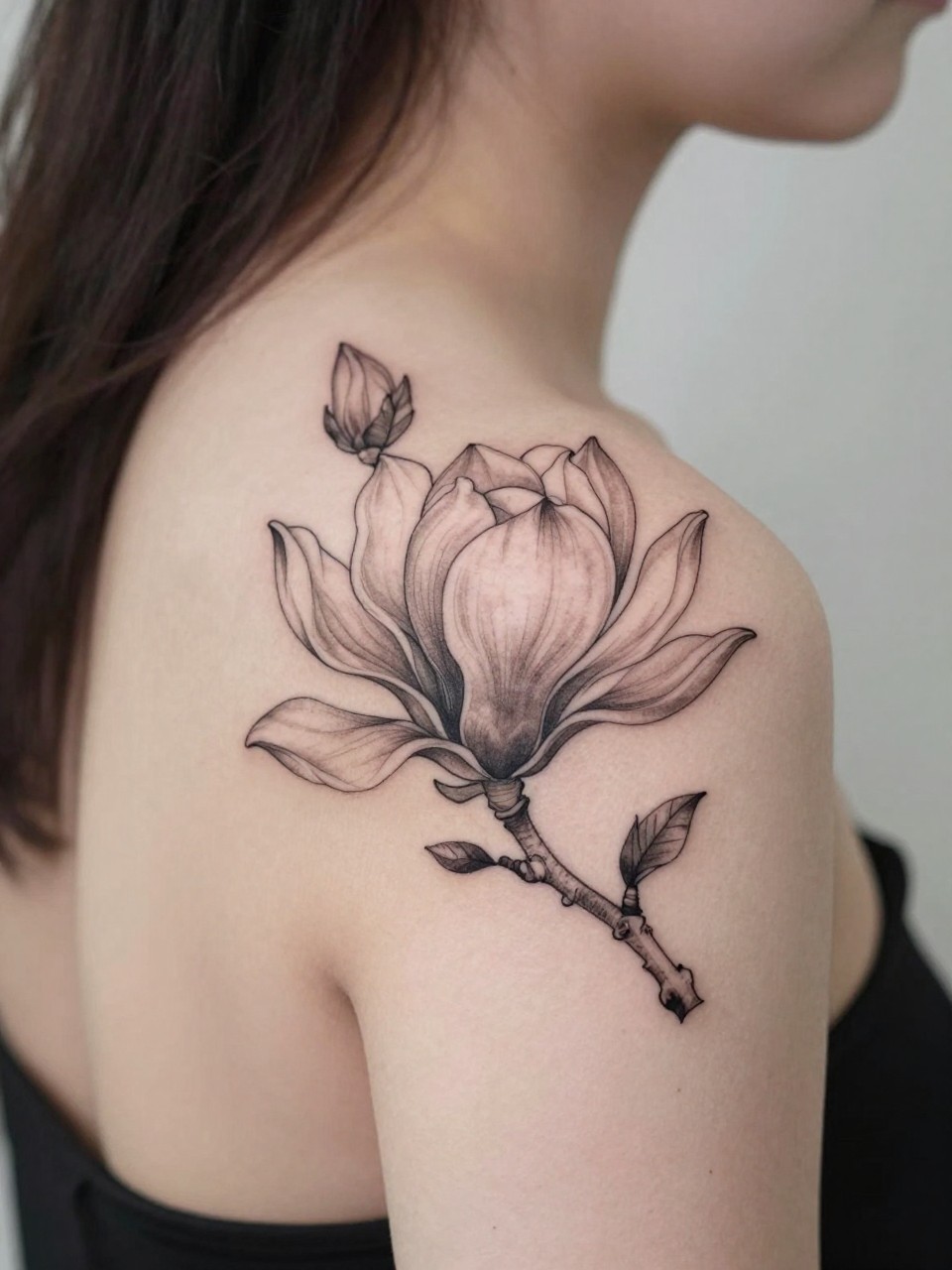 Image Prompt: "Design-focused close-up of a blooming magnolia tattoo on the shoulder blade, black ink fine line floral style with soft grey shading, broad layered petals, realistic skin texture, hair loosely pinned up, clean feminine styling, soft minimal background, tattoo fills most of the frame (no watermarks on images)"