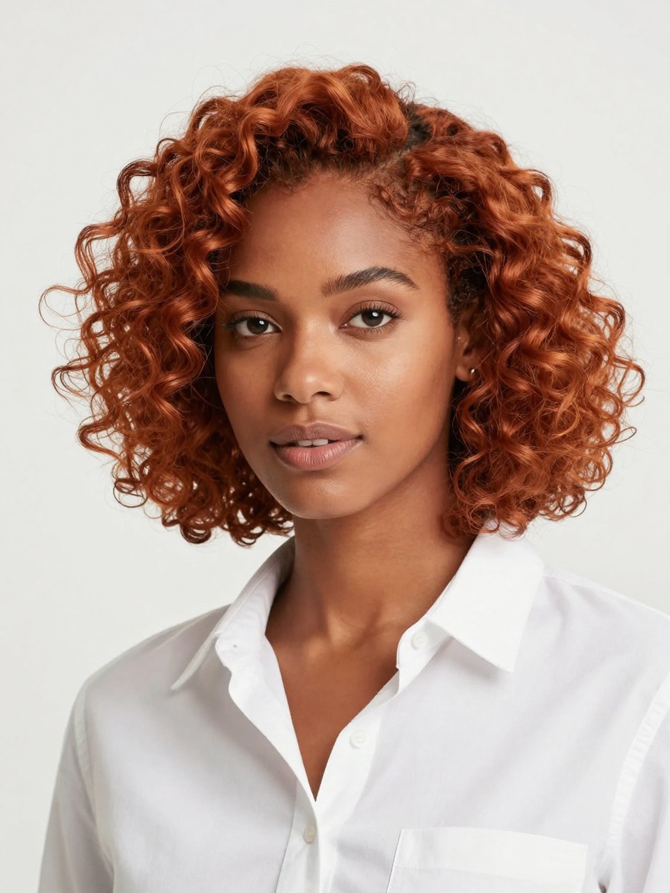 Image Prompt: A pretty Black woman with a chin-length curly bob dyed soft ginger copper, springy defined curls, side part, rounded bob shape with volume, warm brown skin, fresh natural makeup, white button-up shirt, bright clean studio background, soft flattering lighting, realistic beauty editorial photography, detailed curl definition, no text, (no watermarks on images)