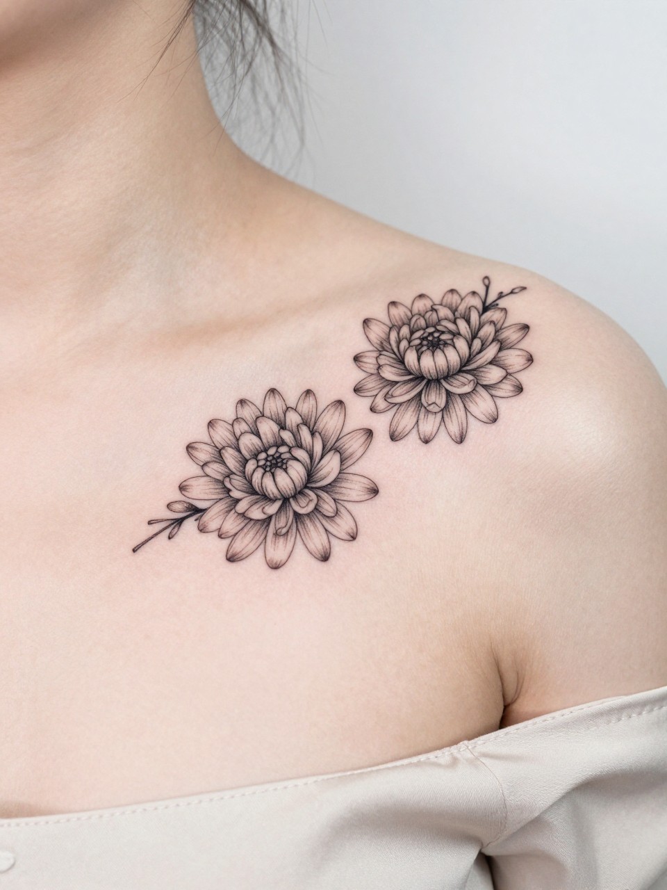 Image Prompt: "Close-up of two tiny chrysanthemum tattoos along the collarbone, black ink fine line floral design with soft layered petals and light shading, realistic skin texture, silk blouse neckline barely visible, feminine clean composition, close-up tattoo visibility, soft minimal background, tattoo is the clear main subject (no watermarks on images)"