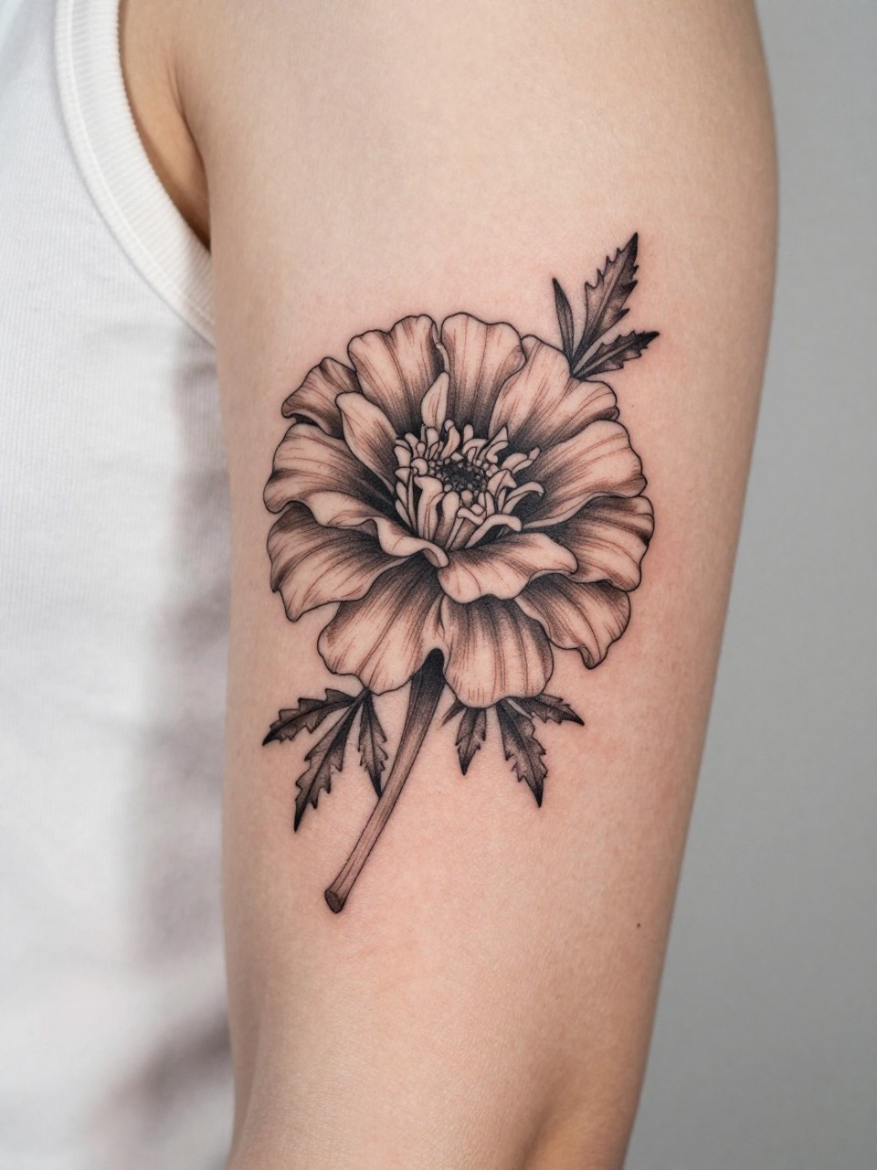 Design-focused close-up of a marigold tattoo on the inner bicep, black ink fine line floral style, layered petals with subtle shading, realistic skin texture, satin ribbon nearby as a subtle feminine detail, tight crop, minimal soft background, modern lifestyle-inspired tattoo image, tattoo is the clear main subject (no watermarks on images)