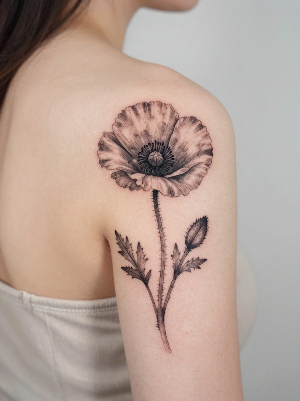 Image Prompt: "Design-focused close-up of a poppy flower tattoo along the shoulder blade, black and grey ink with open petals, soft shading, fine line stem detail, realistic skin texture, neutral strap softly visible, modern feminine tattoo inspiration photo, minimal clean background, tattoo fills most of the frame (no watermarks on images)"