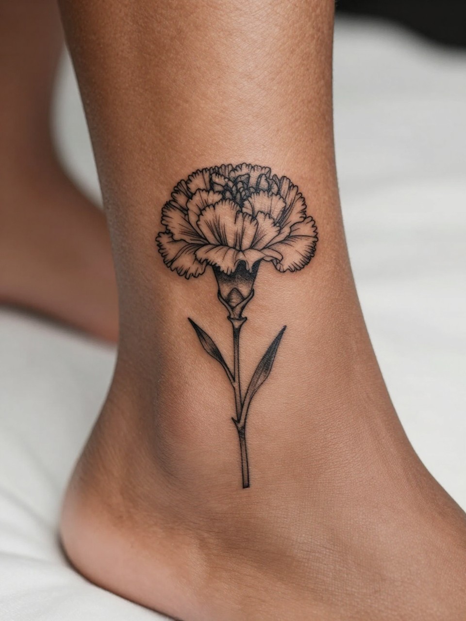 Image Prompt: "Macro shot of a minimalist carnation tattoo on the ankle of a black woman, black ink fine line floral design with tiny ruffled petals and very subtle shading, realistic skin texture, neutral pedicure, soft bedding in the background, design-first composition, modern feminine tattoo inspiration photo, tattoo clearly in focus (no watermarks on images)"