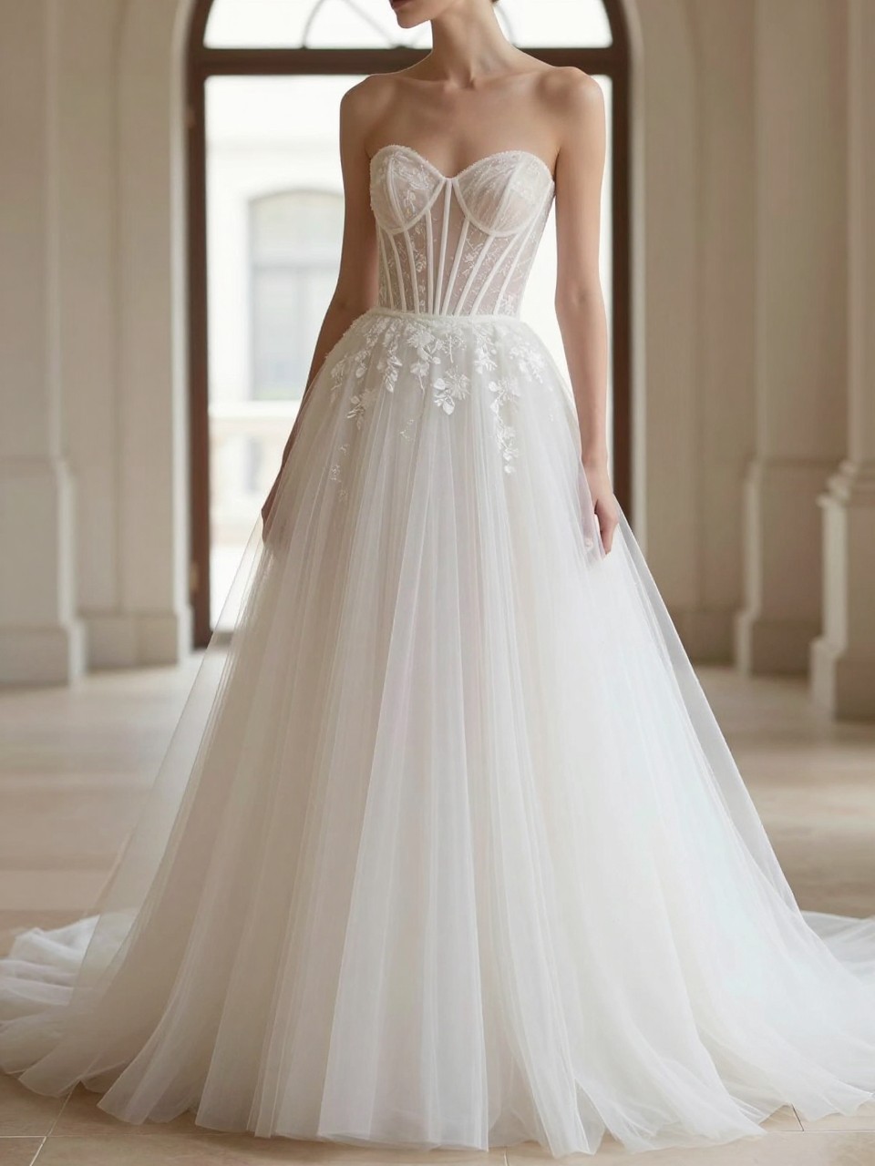 Image Prompt: A high-fashion bridal editorial photo of a sheer drop waist corset wedding dress with a soft tulle skirt, photographed in a bright bridal studio or elegant chapel entrance. Show the bride from the neck down only, or from a side-back angle so the face is hidden. The gown has a tasteful sheer corset bodice with careful lining, visible boning, a lowered waistline, delicate appliqué, and a flowing layered tulle skirt. Use soft daylight, realistic sheer fabric and tulle texture, luxury editorial styling, no visible face, no text, no watermark. (no watermarks on images)