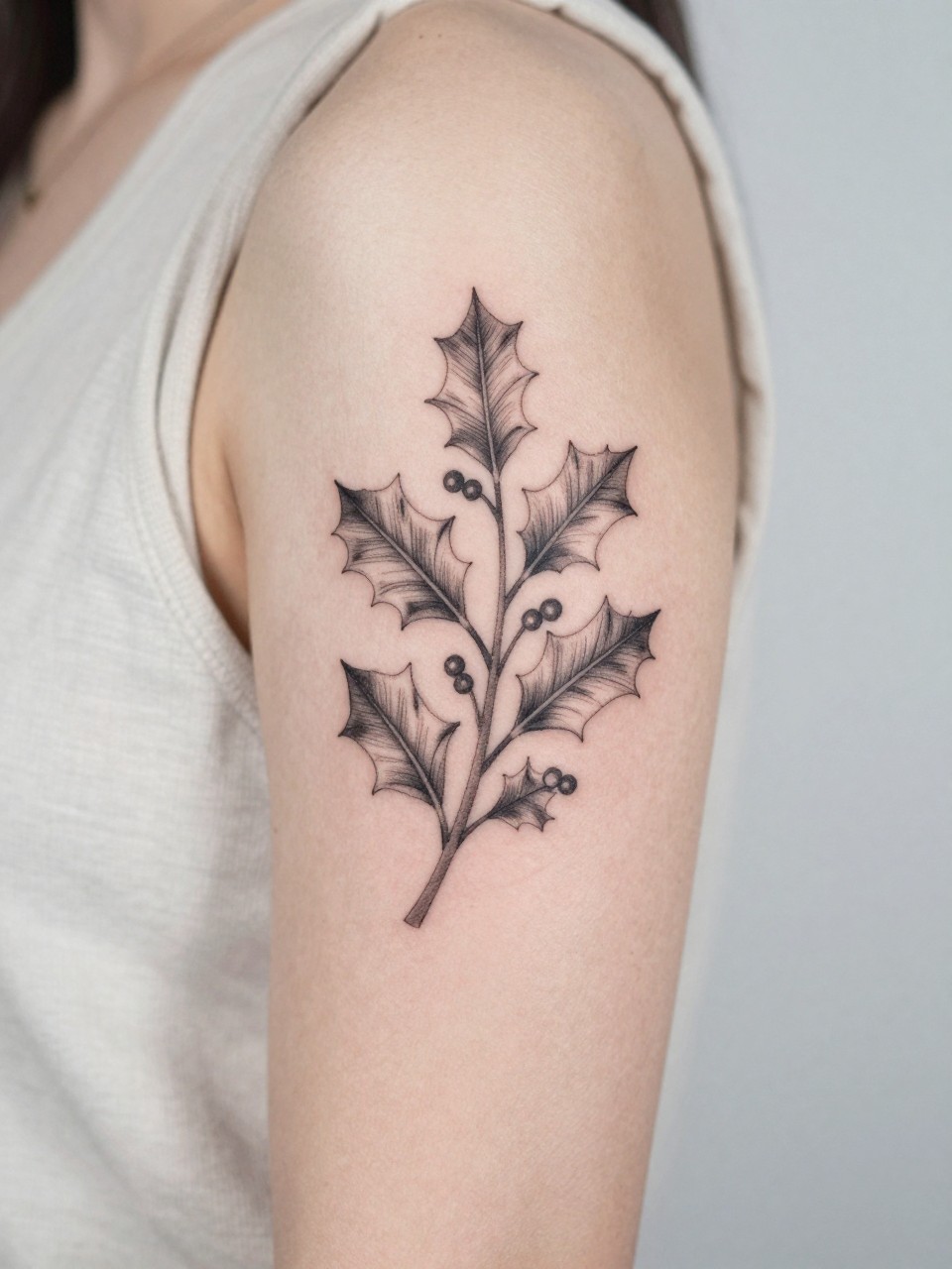 Image Prompt: "Close-up of a holly sprig tattoo on the upper arm, black ink floral design with fine line leaves, tiny berry details, and soft grey shading, medium-size composition, realistic skin texture, sleeveless blouse edge softly visible, modern feminine tattoo inspiration image, minimal clean background, tattoo dominates the image (no watermarks on images)"