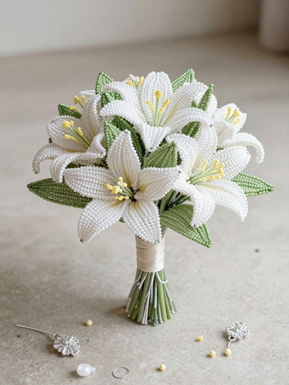 An elegant beaded lily bouquet made from white seed bead lily petals, soft green beaded leaves, pale yellow bead centers, silver wire stems, and an ivory satin handle, styled on a neutral stone surface with bridal styling pieces nearby, modern wedding editorial photography, no people, no faces, realistic DSLR quality, detailed beadwork, no watermarks on images.
