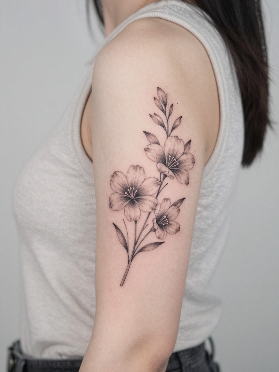 Image Prompt: "Close-up of an aster tattoo with soft dotwork accents on the upper arm, black ink fine line floral design, narrow petals, subtle shading, delicate dotwork detail, realistic skin texture, sleeveless neutral top softly visible, feminine lifestyle-inspired tattoo image, minimal clean background, tattoo is the main focus (no watermarks on images)"