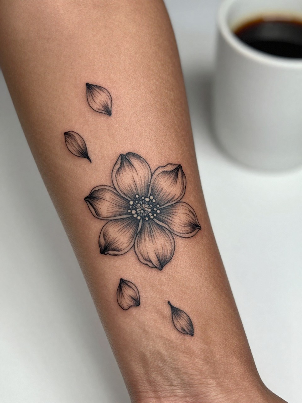 Image Prompt: "Extreme close-up of a dogwood tattoo with a few falling petals on the forearm of a black woman, black ink fine line floral design, delicate petal movement, soft shading, realistic skin texture, coffee cup softly blurred nearby, modern feminine tattoo inspiration image, minimal background, tattoo-centered composition (no watermarks on images)"