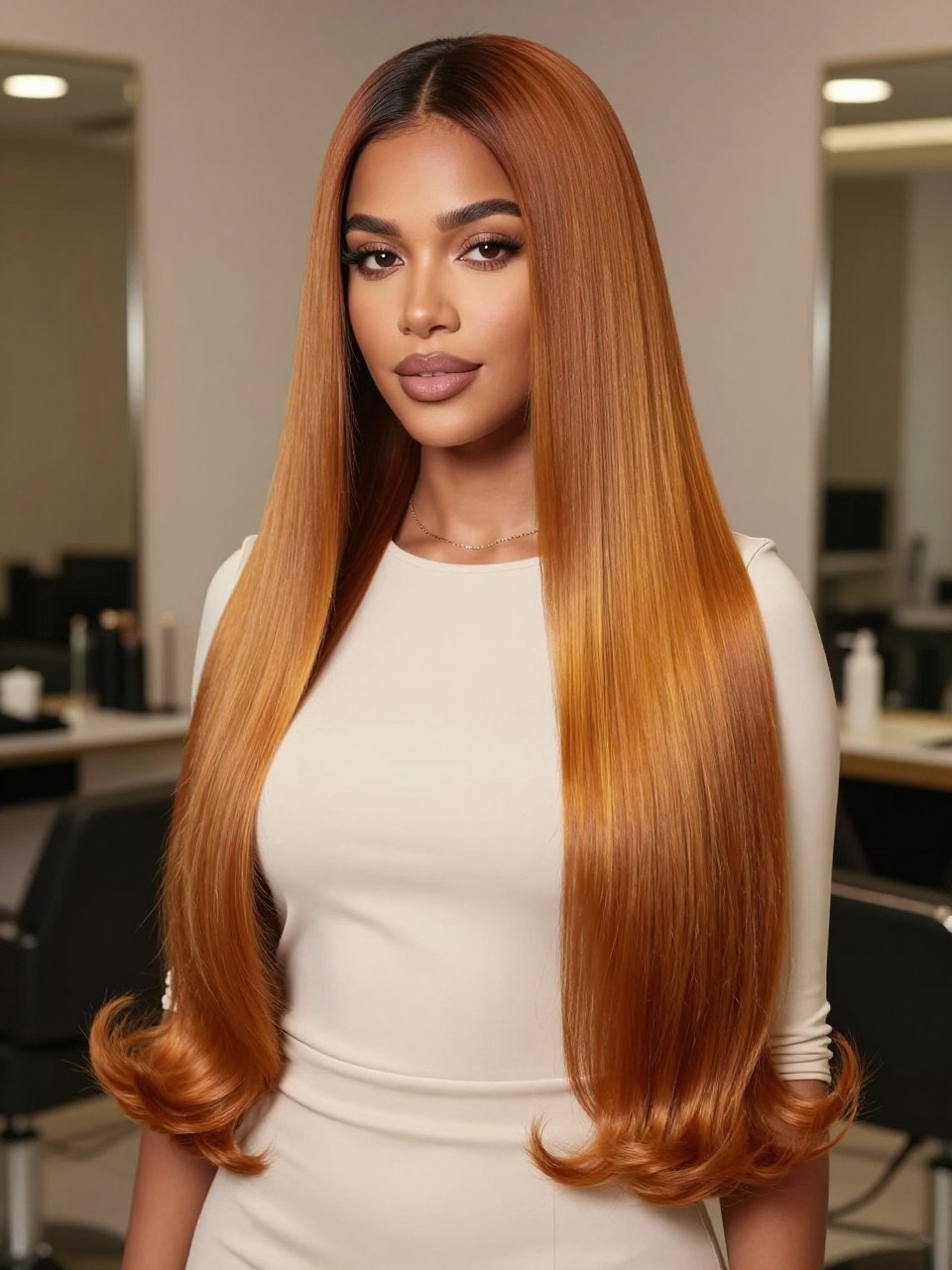 Image Prompt: A stunning woman with a long sleek silk press dyed golden copper fox tail, dark copper roots blending into warm golden copper lengths, straight glossy strands with soft curled-under ends, medium-deep brown skin, clean soft glam makeup, small gold necklace, fitted cream top, luxury salon-inspired background, soft even lighting, waist-up beauty editorial portrait, realistic DSLR photo, sharp shine and smooth hair detail, no text, (no watermarks on images)