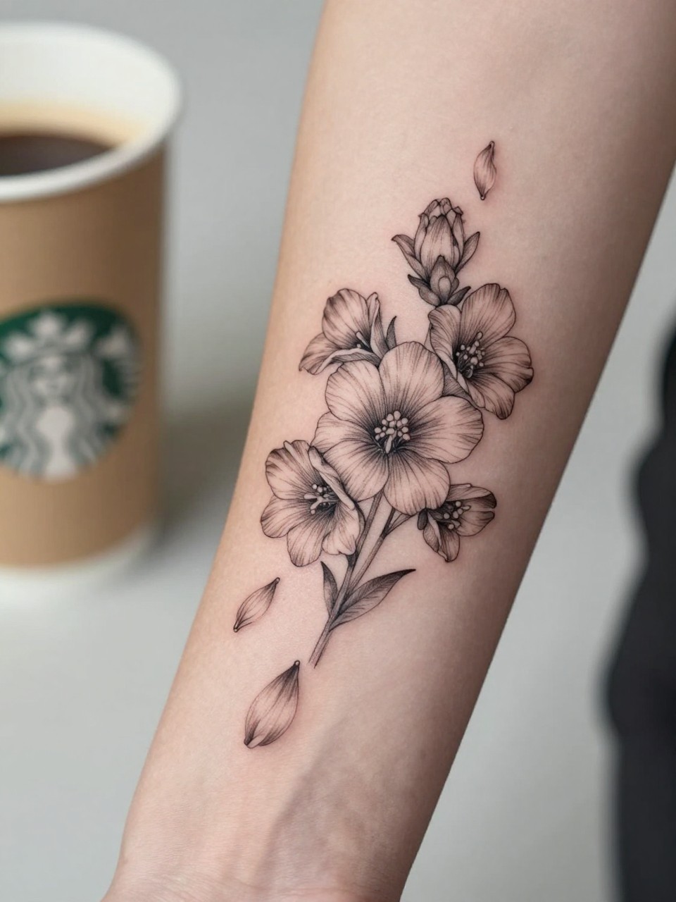 Image Prompt: "Extreme close-up of a larkspur tattoo with a few falling petals on the forearm, black ink fine line floral design, delicate petal movement, soft shading, realistic skin texture, coffee cup softly blurred nearby, modern feminine tattoo inspiration image, minimal background, tattoo-centered composition (no watermarks on images)"