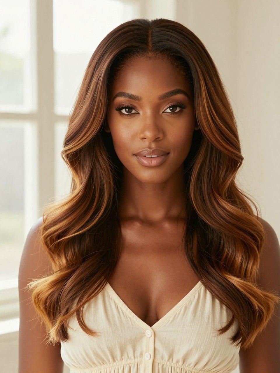 Image Prompt: A beautiful Black woman with long espresso brown hair and honey-blonde dipped ends, dark glossy roots and mid-lengths blending into warm honey tips, soft loose waves, deep brown skin, natural glam makeup, cream summer dress, bright indoor setting with warm window light, realistic DSLR beauty editorial portrait, visible smooth color transition, no text, (no watermarks on images)