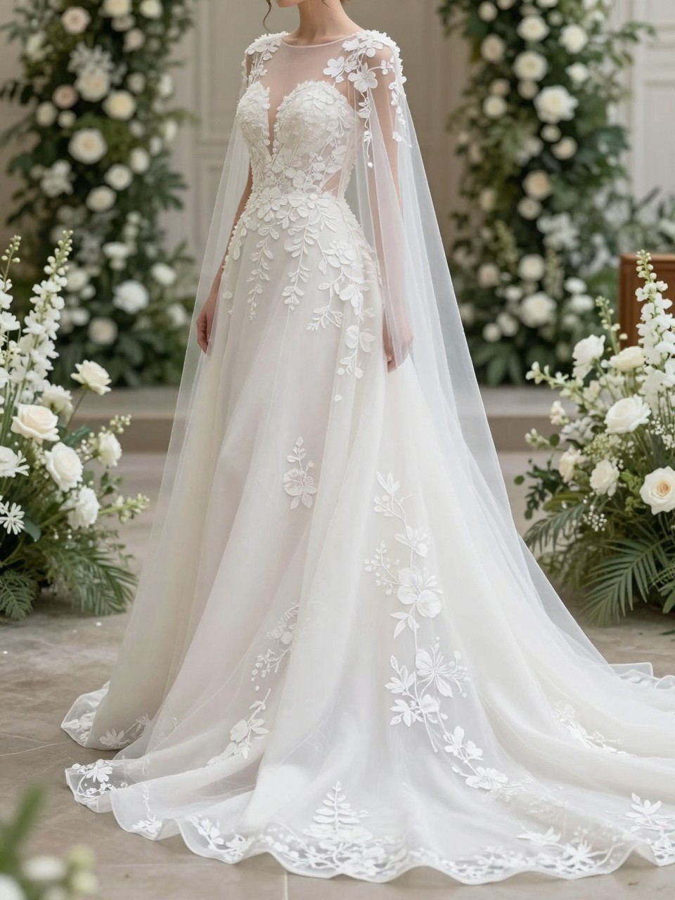 Image Prompt: A romantic bridal editorial photo of a wedding dress with floral appliqué and a sheer cape, photographed in a garden chapel or elegant floral venue. Show the bride from the neck down only, or from a back three-quarter angle so the face is fully hidden. The gown has a fitted bodice, soft flowing skirt, floral appliqué trailing across the bodice and into the cape, and a graceful train effect. Use soft daylight, realistic appliqué texture, airy bridal styling, premium editorial wedding photography, no visible face, no text, no watermark. (no watermarks on images)