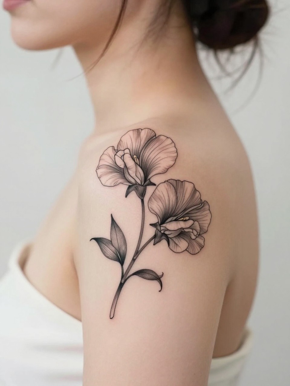Image Prompt: "Design-focused close-up of a blooming sweet pea tattoo on the shoulder blade, black ink fine line floral style with soft grey shading, elegant stem, curled tendrils, and layered petals, realistic skin texture, hair loosely pinned up, clean feminine styling, soft minimal background, tattoo fills most of the frame (no watermarks on images)"