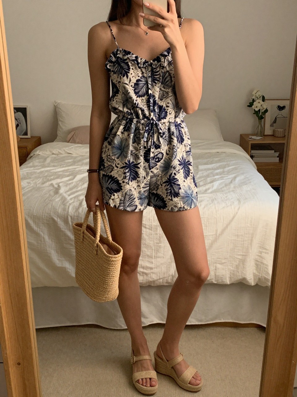 iPhone mirror selfie of a woman in a printed romper and wedges, holding a straw bag, cropped at NECK so face doesn't show, in a feminine-themed bedroom, warm moody lighting, iPhone photo quality.