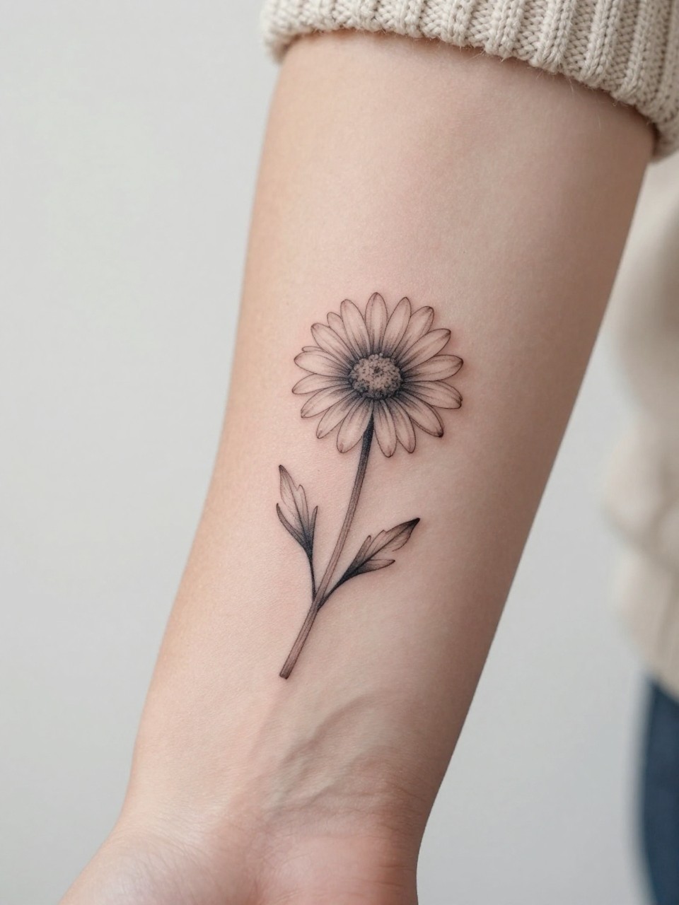Image Prompt: "Extreme close-up of a fine line April birth flower daisy tattoo on the forearm, delicate black ink floral design with clean open petals and subtle grey shading, realistic skin texture, neutral manicure, soft knit sleeve slightly visible, design-focused close-up, feminine modern tattoo inspiration photo, minimal soft background, tattoo is the clear main subject (no watermarks on images)"