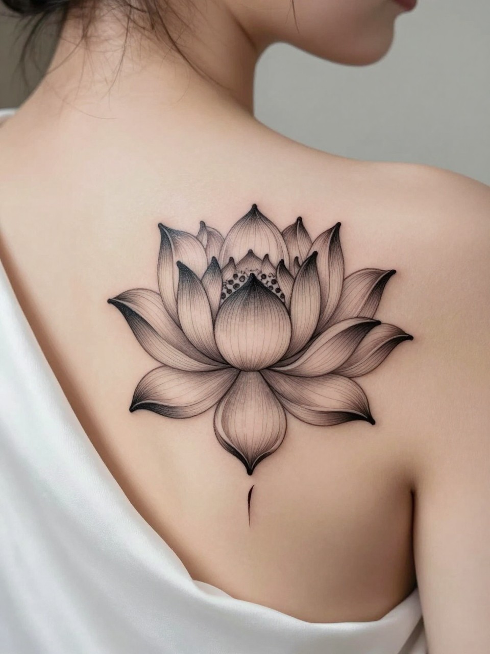 Image Prompt: "Extreme close-up of a lotus flower tattoo centered on the upper back, black ink fine line floral design with symmetrical petals, soft shading, delicate ornamental detail, realistic skin texture, satin robe slipping softly off the shoulder, design-focused close-up, clean soft background, feminine tattoo inspiration image (no watermarks on images)"