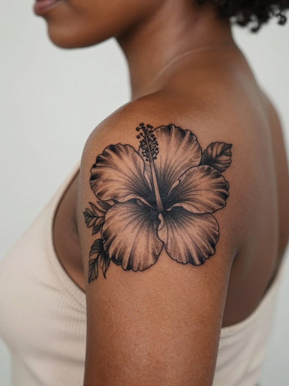 Image Prompt: "Close-up of a single hibiscus flower tattoo on the shoulder of a black woman, black and grey floral design with open petals, soft shading, fine line details, realistic skin texture, sleeveless blouse edge softly visible, feminine lifestyle-inspired tattoo image, clean minimal background, tattoo dominates the frame (no watermarks on images)"