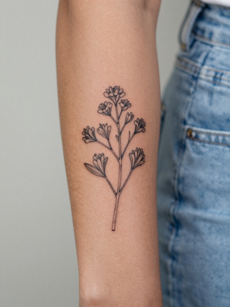 Image Prompt: "Close-up of a single sampaguita stem tattoo on the forearm on dark skin, black ink fine line floral design with tiny clustered blooms, slender stem, soft grey shading, realistic skin texture, light denim sleeve softly blurred near the edge, design-first composition, feminine modern tattoo inspiration photo, minimal background (no watermarks on images)"
