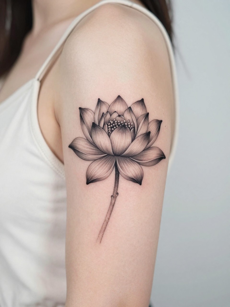 Image Prompt: "Close-up of a water lily tattoo on the upper arm, black ink floral design with fine line petals and soft grey shading, medium-size composition, realistic skin texture, sleeveless blouse edge softly visible, modern feminine tattoo inspiration image, minimal clean background, tattoo dominates the image (no watermarks on images)"