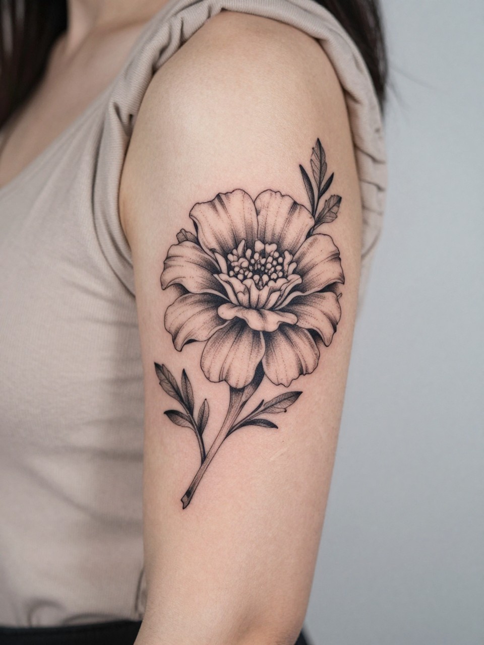 Close-up of a marigold tattoo with soft dotwork accents on the upper arm, black ink fine line floral design, layered petals, subtle shading, delicate dotwork detail, realistic skin texture, sleeveless neutral top softly visible, feminine lifestyle-inspired tattoo image, minimal clean background, tattoo is the main focus (no watermarks on images)